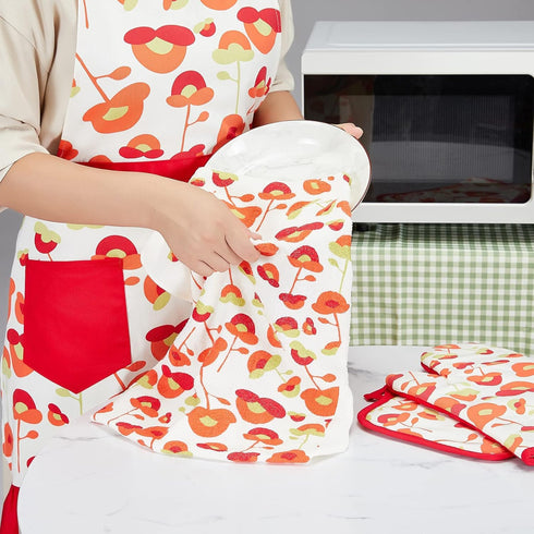 Oven Mitts and Potholders Set, 100% Cotton, Durable Heat Resistant for Kitchen, Machine Washable (3-Piece Red Flower)