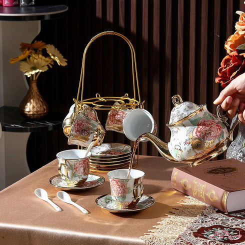 Zhehao 20 Set Set Pcs Porcelain Tea with Metal Holder and Spoon Adult Ceramic Tea European Flower Painting Teapot Cup