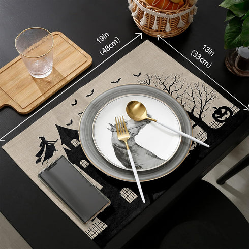 Halloween Placemats Set of 4, Cotton Linen Place Mats with Castle Witch, Pumpkin Lamp, Bat for Dinner Party