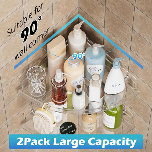 Durmmur 2 Pack 4 Acrylic Corner Shower Caddy, Clear Corner Shower Shelf with Hooks, Adhesive Wall Mounted Bathroom