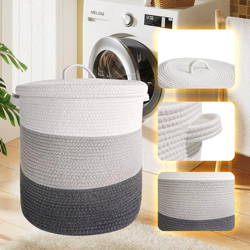 Large 60L Storage Basket with Lid, 16"Wx18"H Woven Cotton Laundry Basket, Dark Gray/Gray/White Mix