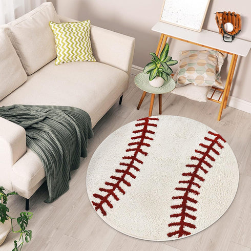 STEF 36 Inch Baseball Rug Round Soft Microfiber Sports Carpet with Non-Slip TPR Backing, Baseball Decor for Boys Room