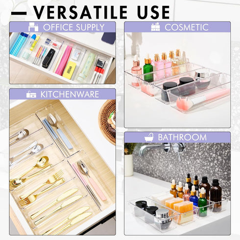 HOUSE DAY 8 PCS Desk Drawer Organizer Bins, 9*3*2" Clear Organizers with Silicone Pads for Makeup, Kitchen, Office