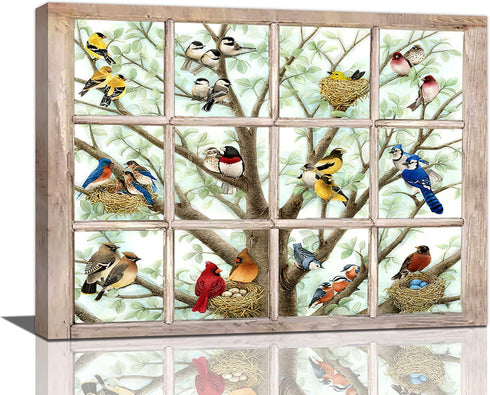 Rustic Birds Wall Art - Farmhouse Hummingbirds on Branch Pictures for Kitchen, Bathroom, Bedroom Decor