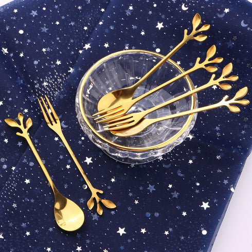 16 Pcs Stainless Steel Gold Leaf Coffee Spoon, Appetizer Fork - 4.7" Creative Tableware Dessert Spoons, Stirring,