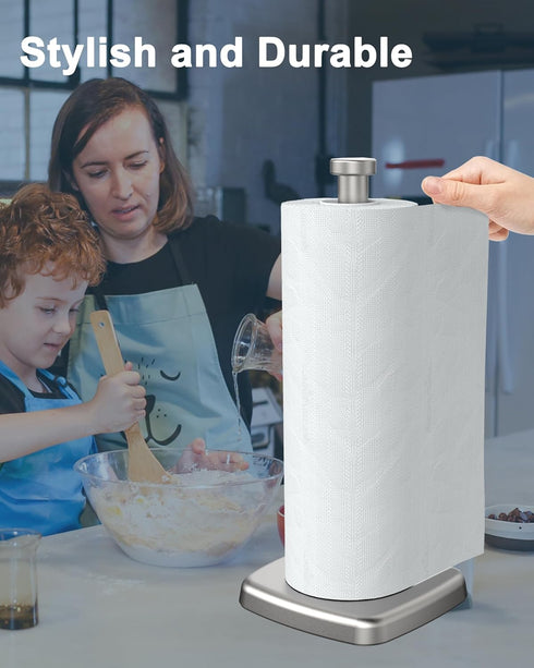 Paper Towel Holder Countertop, Standing Weighted Base Non-Slip Dispenser for Most Size Paper Rolls, Stainless Steel