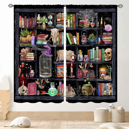 TKUYO Witchy Curtains, Fantasy Magical Vintage Bookshelf Mysterious Bookcase Gothic Skull Spooky Gothe