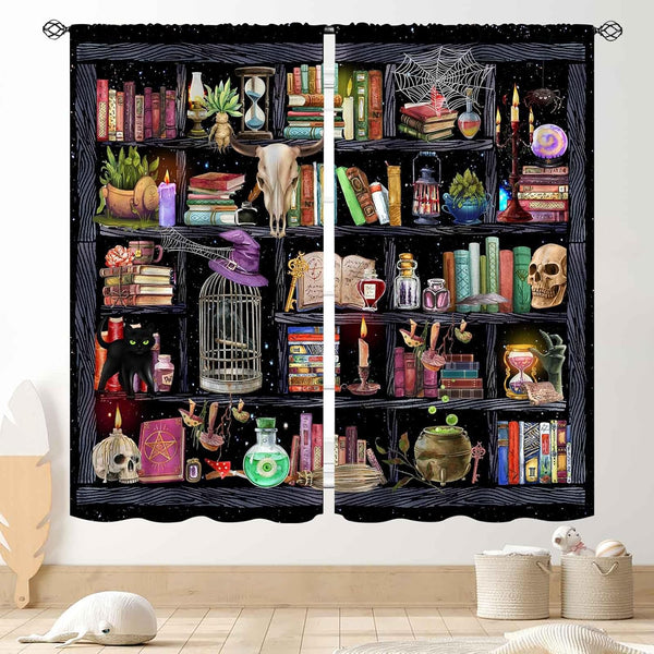 TKUYO Witchy Curtains, Fantasy Magical Vintage Bookshelf Mysterious Bookcase Gothic Skull Spooky Gothe