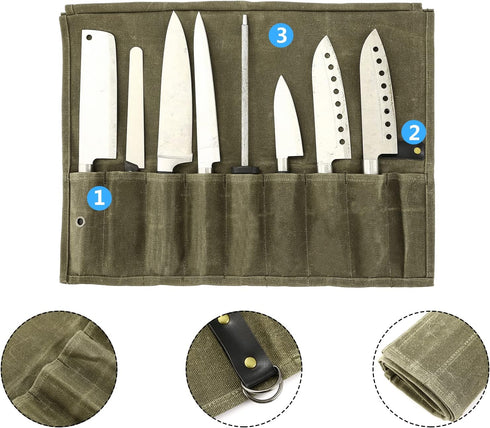 9 Pockets Canvas Chef Knife Roll Bag, Knife Wrap Wallet, Cutlery Knife Pouch Holders for Kitchen Utensils (Army Green)