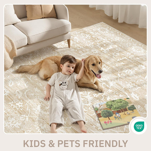 5x7 5'x7') Soalmost Area Rugs for Living Room, Washable Vintage Floral Non-Slip Low Pile Neutral Rug Soft Throw Carpet