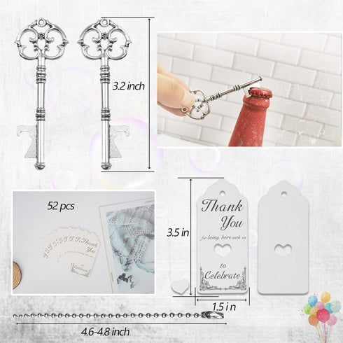 Aokbean 52pcs Vintage Skeleton Key Bottle Opener Gift Set with Thank You Tag Card and Keychain (Antique Silver)