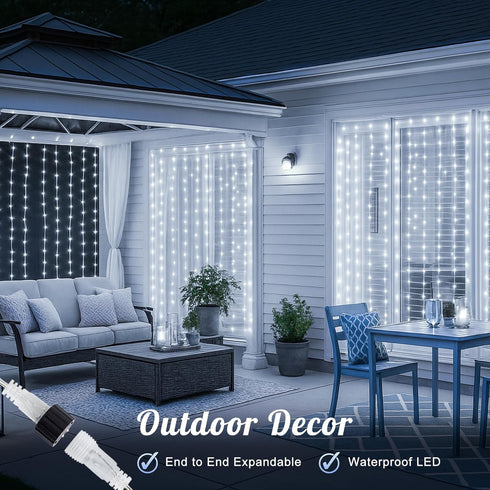 HEYFUNi 304 LED Curtain Lights Outdoor, 9.8Ft*9.8Ft Fairy Lights with 8 Modes for Bedroom & Wedding Decor