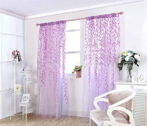 ICYANG Sheer Lavender Curtains Lilac Leaf Purple Vine Willow Tulle Drape Panel Valances 78.6 x 39.3 Inch for Home