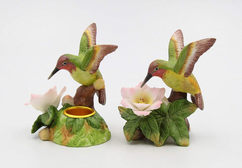 Fine Porcelain Hummingbird Candle Holder Pair with Apple Cherry Blossom Flowers, 3-5/8" H