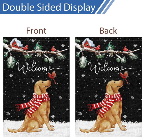Welcome Winter Garden Flag 12x18 Inch Double Sided Burlap Golden Retriever Cardinal Yard Flags for Seasonal Christmas