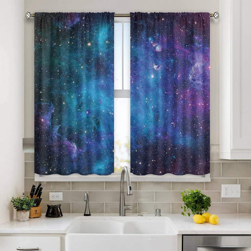 Cinbloo Galaxy Kitchen Curtains, Out Space Wall Art Rod Pocket 27.5W x 39L Inch, Blue Nebula Universe Room Decor for