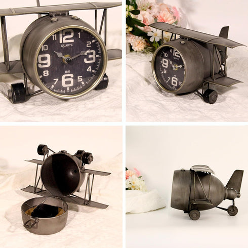 TenFuju Airplane Metal Tabletop Clock Industrial Home Decor Accents for The Mantel, Shelf, Desk, or Any Table Top