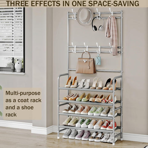 8 Closet 4 Coat Rack Shoe Rack With Storage Shelf Freestanding with Hooks for Entryway Bedroom Tier, Grey