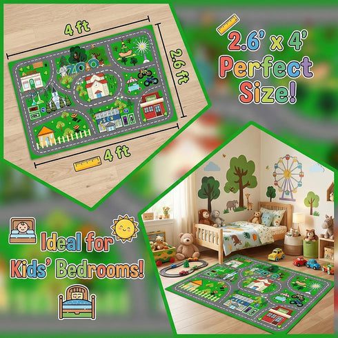 2.5x4 Car Rug Play Mat - Green Road Rug for Kids Boys Room, Fun Race Track Traffic Road Carpet for Boys Playmat