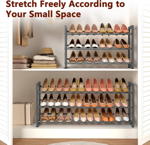 3-Tier Closet FAVOOSTY Expandable Shoe Rack, Adjustable Shoe Shelf Storage Organizer Space Saving Metal Free Standing