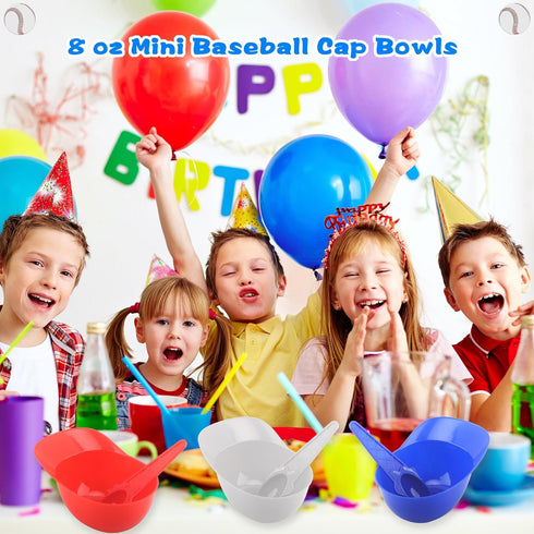 12 Pack Baseball Helmet Ice Cream Bowls, 8 oz Plastic Cap Bowls with Disposable Dessert Spoons for Kids