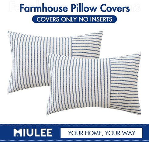 12x20 Inch, Pack 2 MIULEE Royal Blue and Beige Patchwork Farmhouse Pillow Covers of Striped Linen Decorative Modern