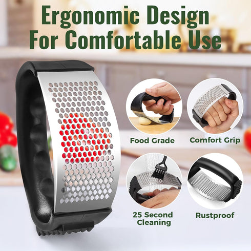 Pomyter Garlic Press Rocker, Stainless Steel Garlic Mincer and Garlic Crusher, Easy-Squeeze Garlic Tool with Peeler