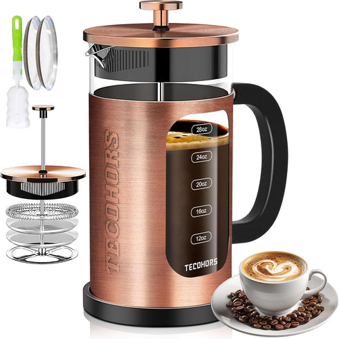 French Press Coffee Maker 34oz, 304 Stainless Steel Coffee Press with 4 Filters, Heat Resistant Borosilicate Glass