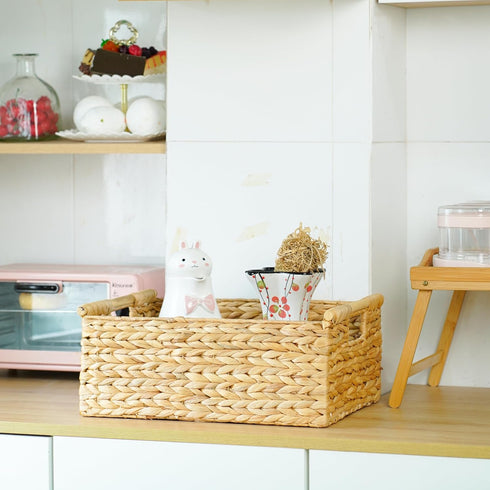 VATIMA Extra Large Wicker Basket, Rectangular with Wooden Handles for Shelves, Natural Water Hyacinth Basket for