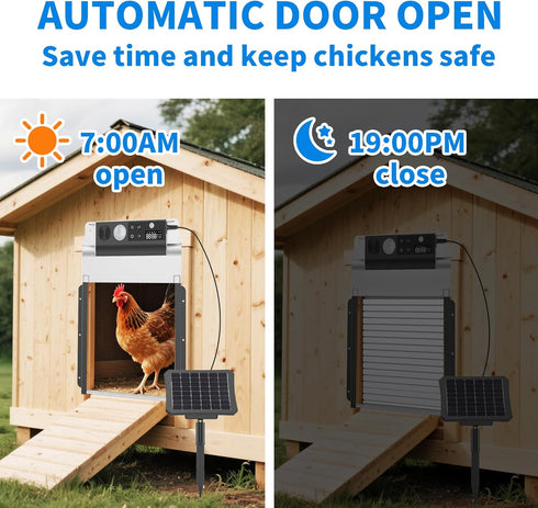 4 Anti-Pinch IPX5 Automatic Chicken Coop Door Solar Powered, LCD Display Automatic Chicken Door with Timer & Light