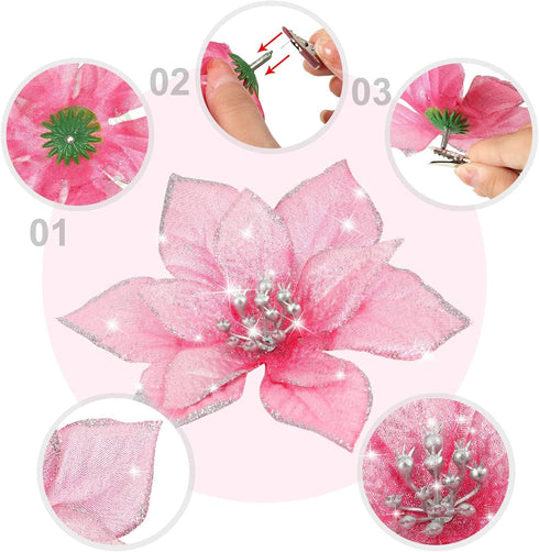 WILLBOND 36 Pcs Christmas Poinsettia Flowers - 3 Size Glitter Faux Ornaments for Christmas and New Year Decoration