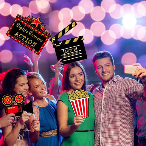 Hicarer 32 Pieces Movie Party Decorations Red Carpet Cutouts Cards Table Toppers Double Sided Printing Golden Black Red