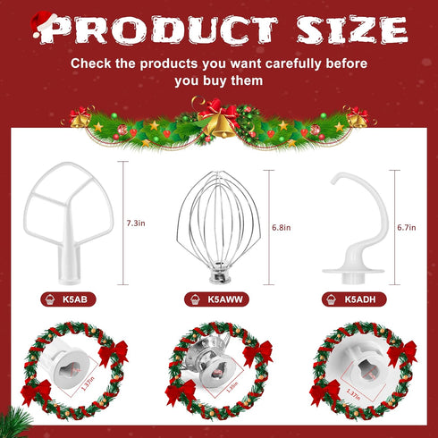 Kithnen aid Accessories including K5ADH Coated C-Dough Hook&K5AB Coated Flat Beater&K5AWW Wire Whip 3 Set Compatible for 5 QT Tilt-Head Aid Stand Mixer Attachments-Stainless Steel By Sikawai