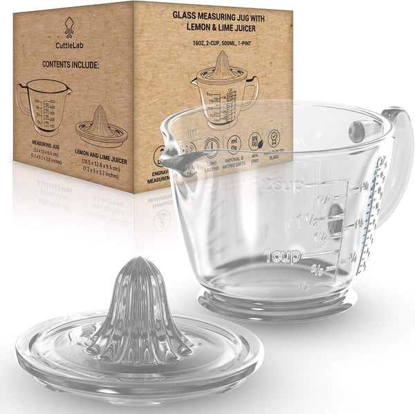 Glass Measuring Cup 2-Cup with Lemon and Lime Juicer, Manual Juicer, and Liquid Measuring Cup