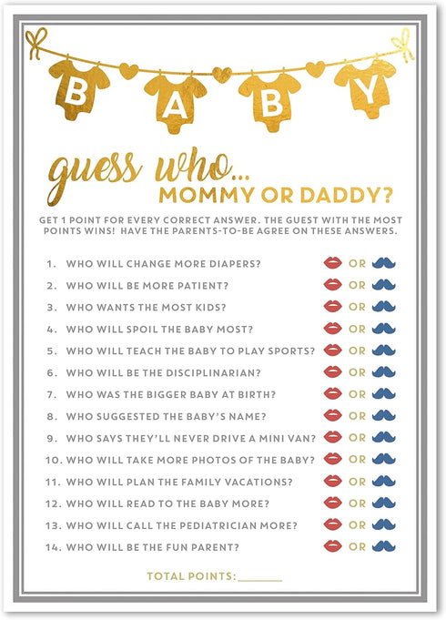 Party Hearty Baby Shower Games, 50 pcs Mommy or Daddy Guess Who Game, Fun Activity Cards