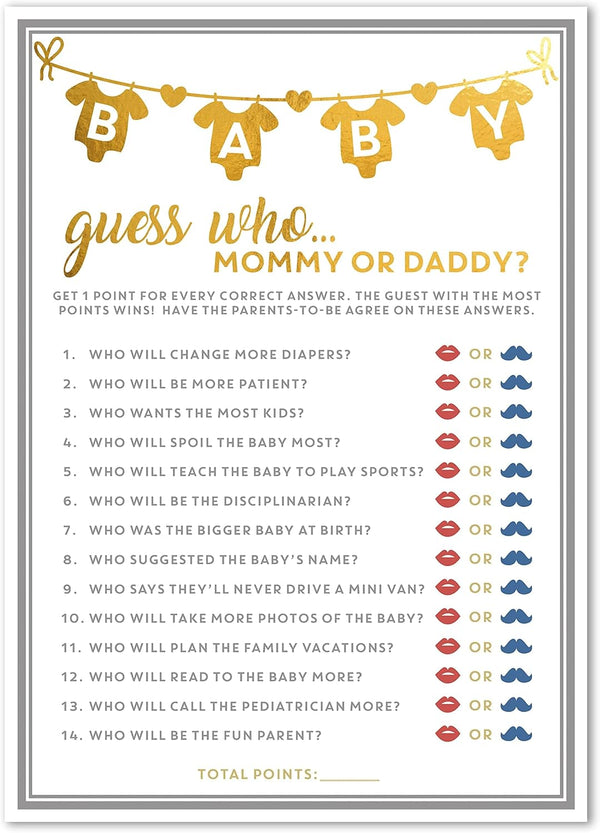 Party Hearty Baby Shower Games, 50 pcs Mommy or Daddy Guess Who Game, Fun Activity Cards