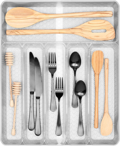 Spectrum Diversified Hexa Expandable Divided Drawer Organizer Tray for Kitchen Cutlery, 13 x 16, Clear