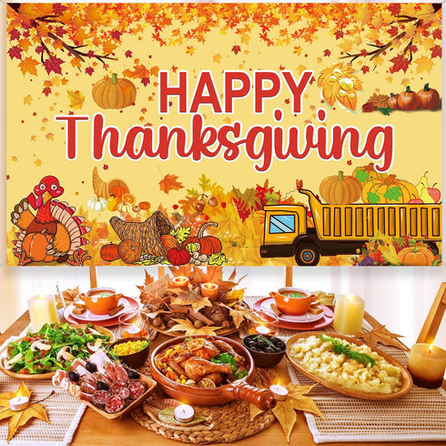 Famoby Happy Thanksgiving Fabric Sign Poster Banner, Pumpkin Turkey Maple Leaf Pattern for Photo Booth