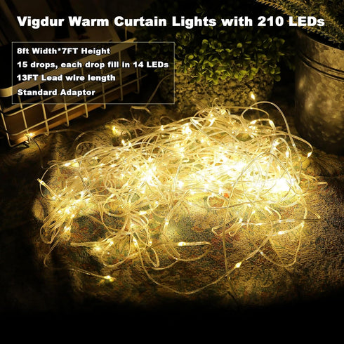 8FT 210 Decor(8 7ft) Vigdur Led Curtain String Lights, Window Fairy Lights for Bedroom with Warm LEDs, Hanging Twinkle