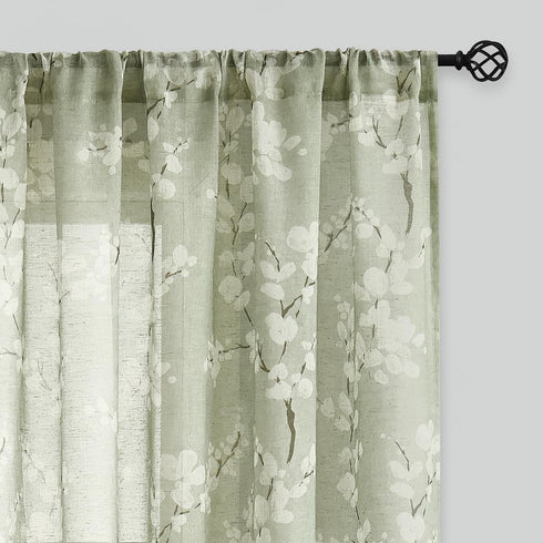 FMFUNCTEX Linen Sheer Curtains for Bedroom - Sage Green Blossom Print, 84 Inches Long, Floral Patterned Farmhouse