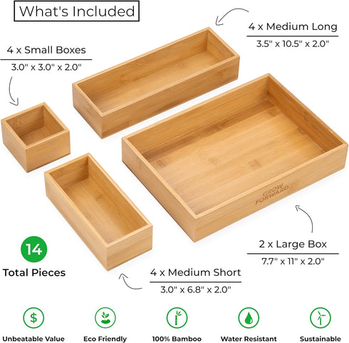 Grow Forward Bamboo Drawer Organizer Boxes, Set of 14 Wooden Organizers for Kitchen, Bathroom, Office