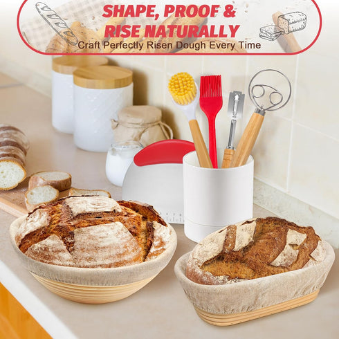 EWFEN Sourdough Starter Kit with Round & Oval Banneton, Complete Sourdough Bread Baking Supplies, Bread Proofing Basket