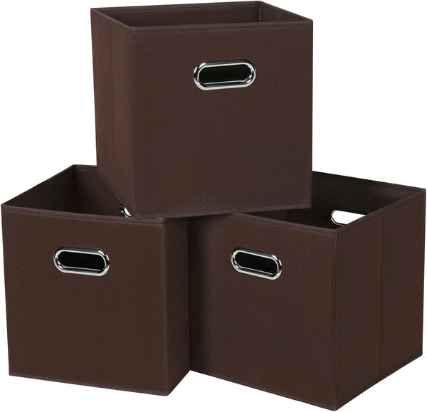 Fabric Cubby Storage Bins, 13x13x13 Inches, Foldable Organizer Bins with Dual Handles, Set of 3, Coffee