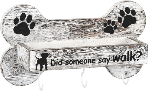 J JACKCUBE DESIGN Rustic White Bone Shape Wall Mounted Dog Leash Holder - 3 Key Holder Hooks and Extra Storage Box