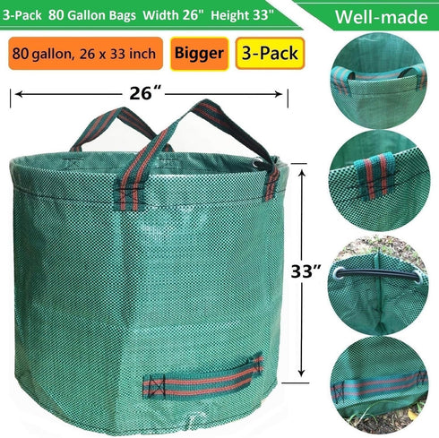 3-Pack 80 (D26, H33 inch) 4 Professional Gallon Lawn Garden Bags Reusable Yard Waste Bags with Gardening Gloves