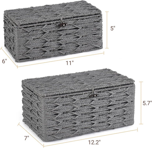 Mkono Storage Baskets Bin with Lid, Decorative Handwoven Organizer for Shelves, Set of 2, Grey