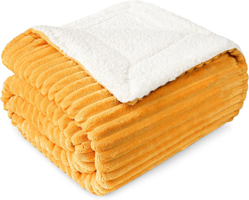 PAVILIA Mustard Yellow Sherpa Fleece Throw Blanket for Couch, Soft Plush Fuzzy
