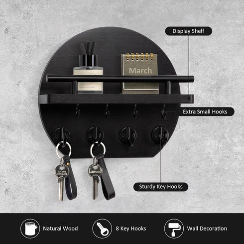 Key Holder for Wall - 9.8 Inch Apartment Wall Decor with Shelf and 8 Key Hooks, Circular Wood Key Hanger for Home Decor (Black) by Nekon