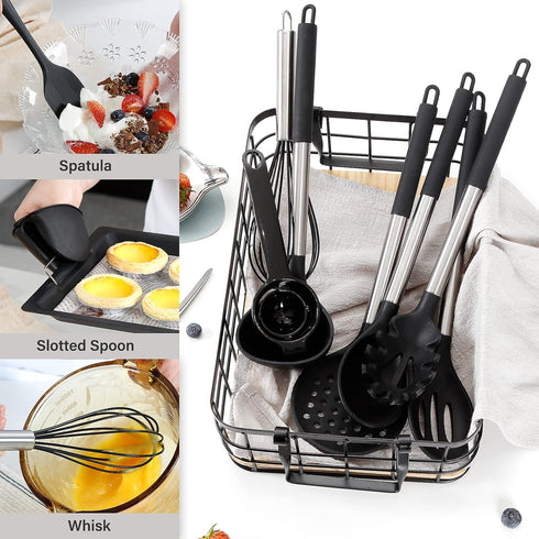 Kitchen Utensils Set | 28 Pcs Silicone Cooking Utensils Set with Holder, Black Stainless Steel Handle Kitchen Gadgets