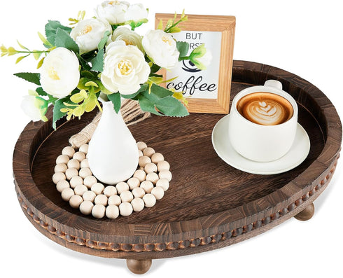 HouseJoy Wooden Decorative Tray-1611.8in Wood Beaded Coffee Table Decor Tray, Rustic Farmhouse Decor